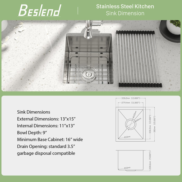 14 Inch Undermount Kitchen Sink - Beslend Under Counter Bar Sinks Stainless Steel Single Bowl - View #9