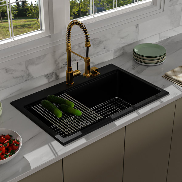 Picture of 33in Granite Kitchen Sink Drop In Workstation Topmount Black Quartz ...